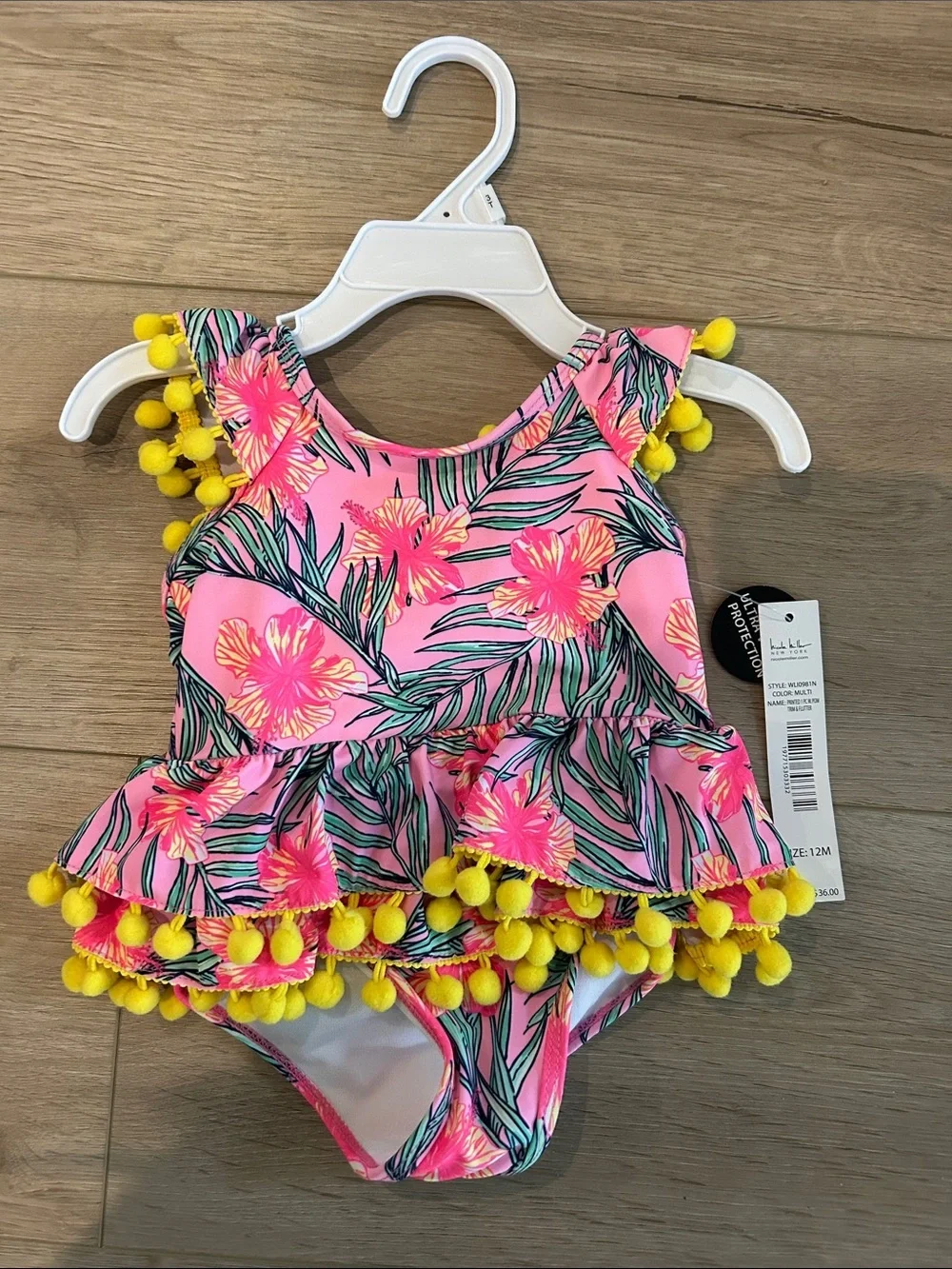 NWT Nicole Miller Infant Girl Pink One-Piece Tropical Pom-Pom Swimsuit 12Months